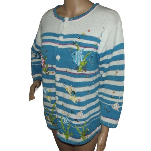Striped Blue and White Sweater with Fish Embroidery - Picture 2 of 12
